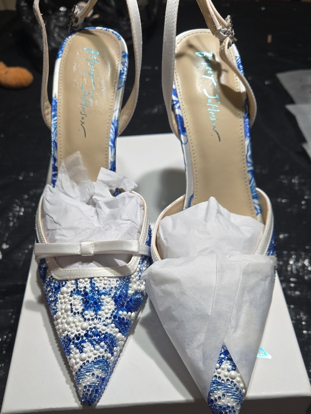 Betsey Johnson Roza...Blue & White Embellished Slingback Heels... Brand New!!!